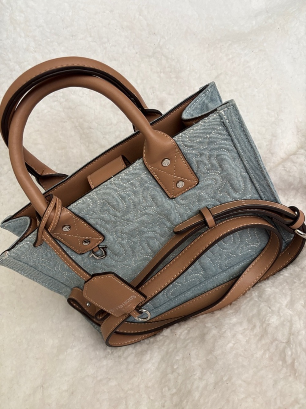 True Religion Light Blue Quilted Tote Bag with Tan Trim - Picture 8 of 11